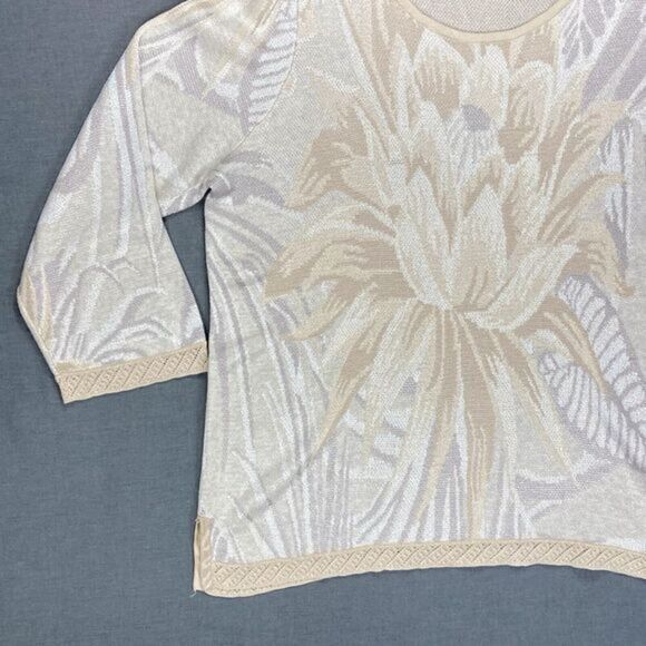 Chicos Jacquard Sweater Womens Size XL Beige Neutral Floral Knit Boho Minimalist - Picture 4 of 16
